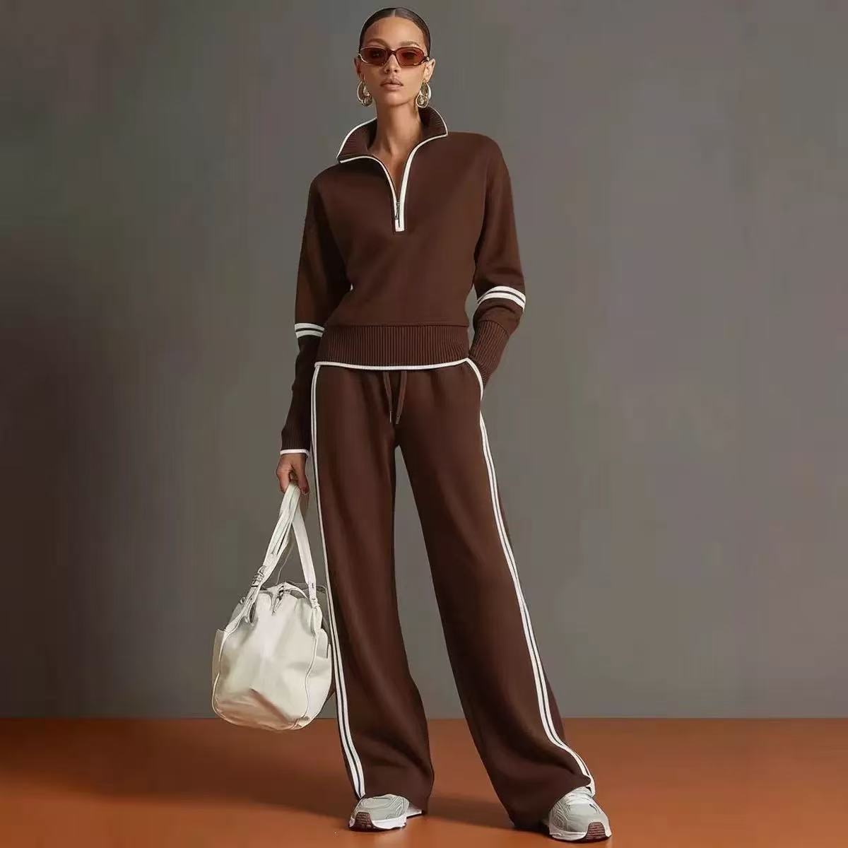 Women’s Contrast-Trim Half-Zip Wide-Leg Set in Coffee