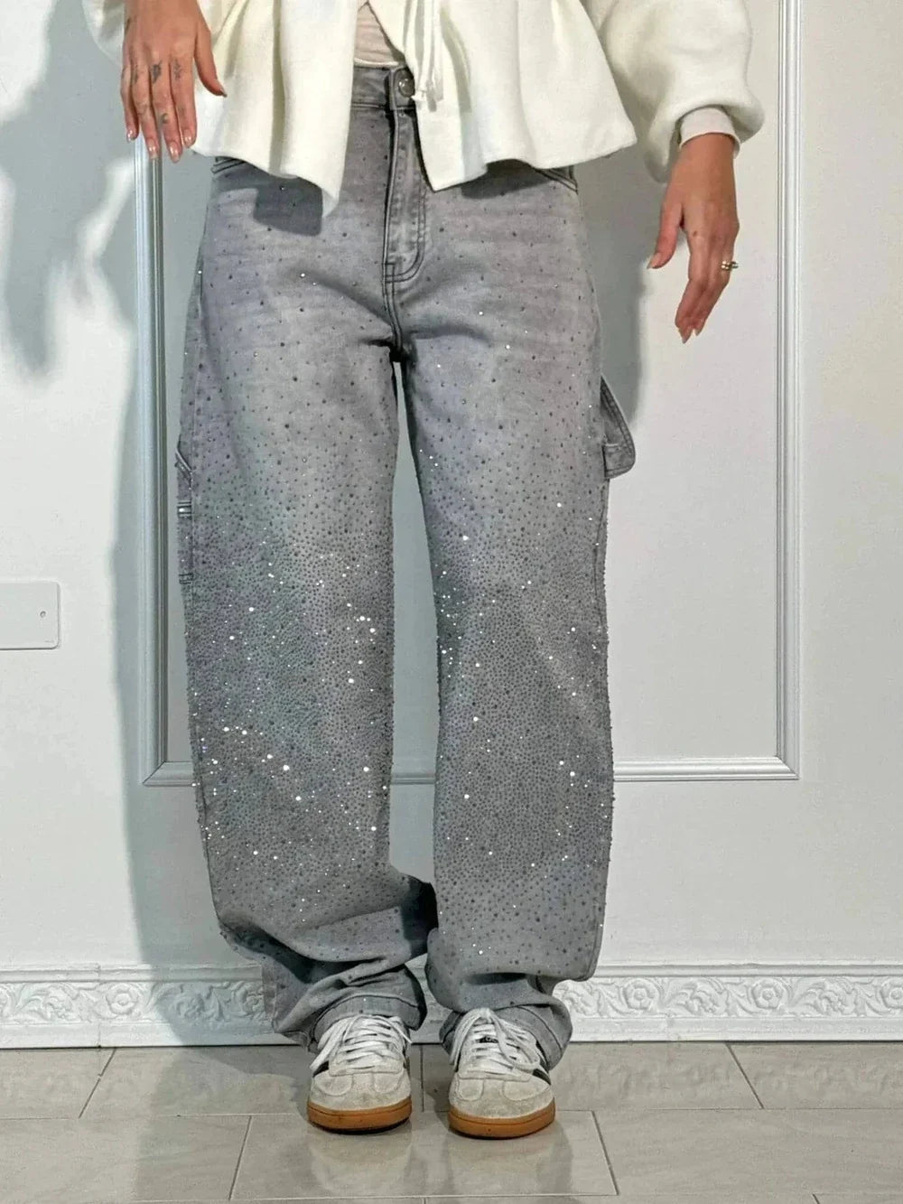 Rhinestone Embellished Wide Leg Jeans