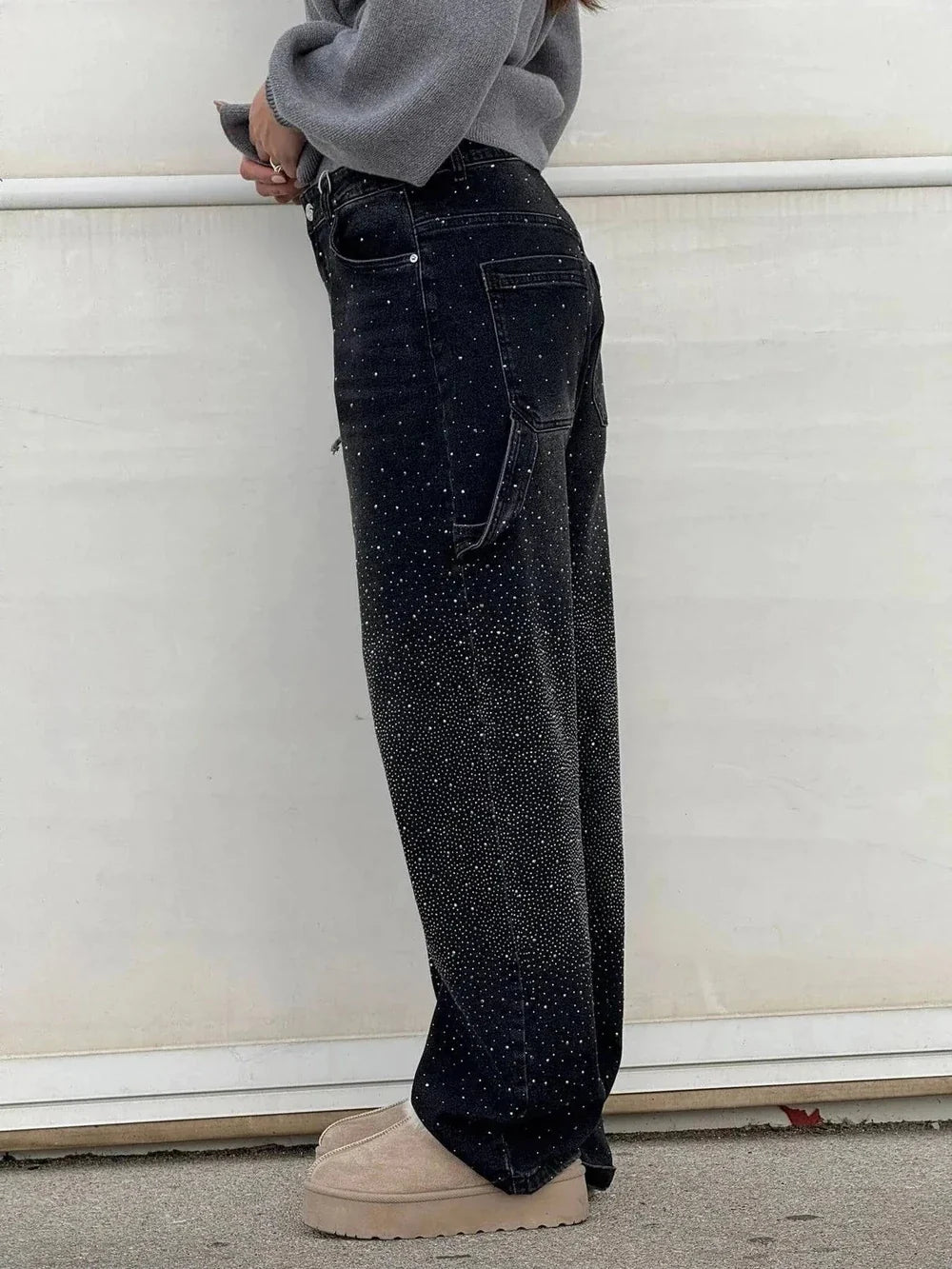 Rhinestone Embellished Wide Leg Jeans