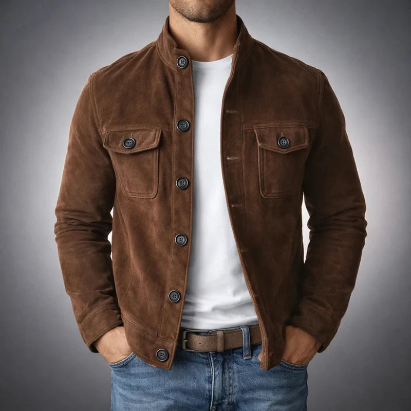 Men's dark brown suede-style button jacket