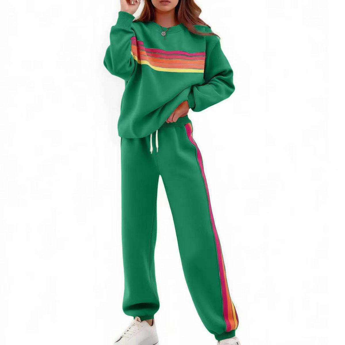 Rainbow Stripe Relaxed Fit Two-Piece Set in Green