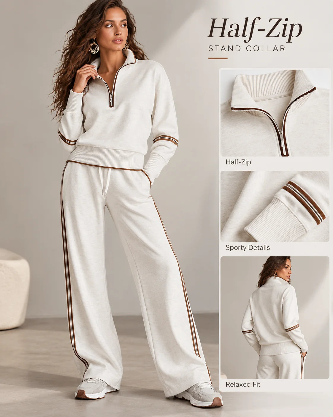 Women’s Contrast-Trim Half-Zip Wide-Leg Set — Half-zip stand collar