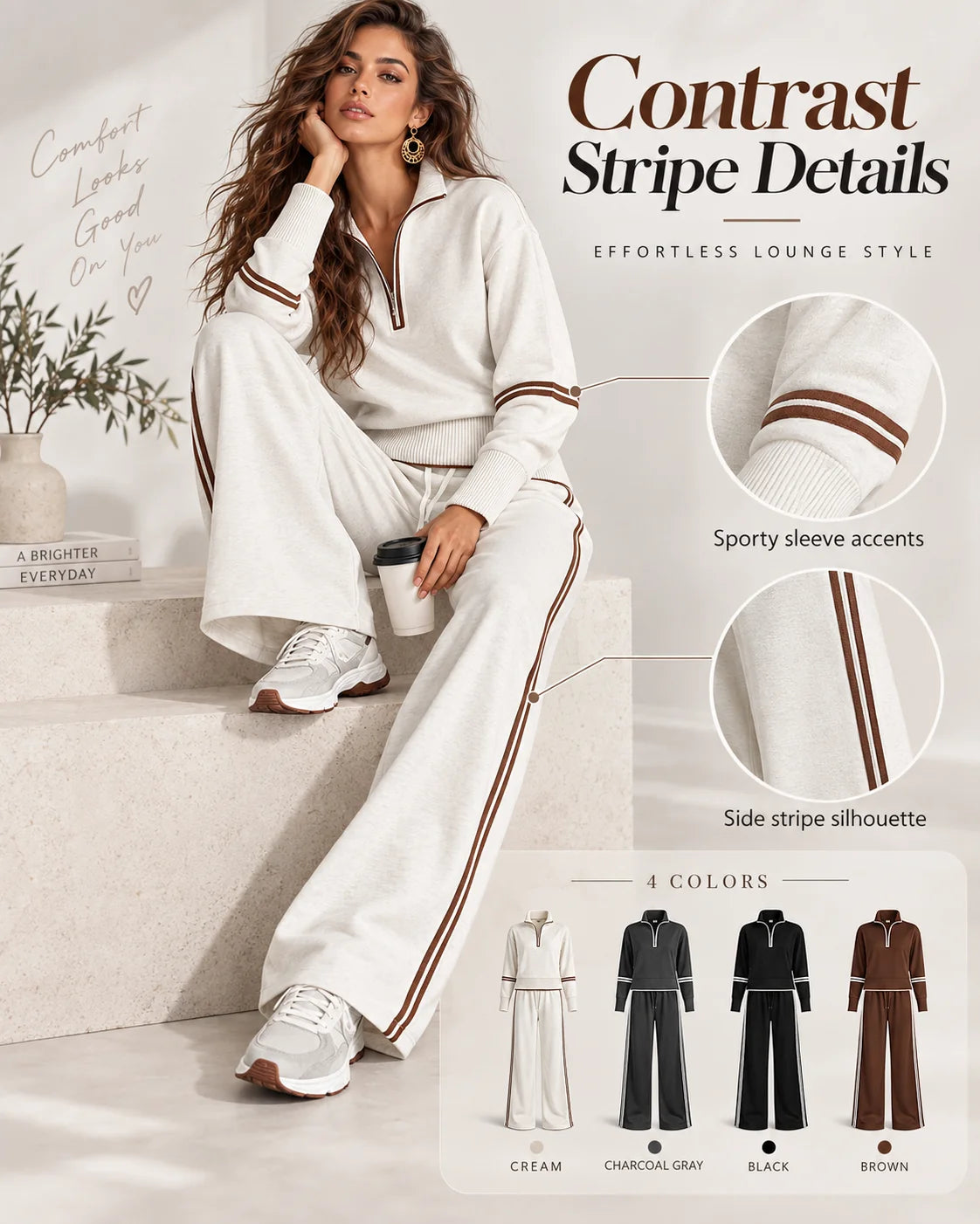 Women’s Contrast-Trim Half-Zip Wide-Leg Set — Contrast stripe details