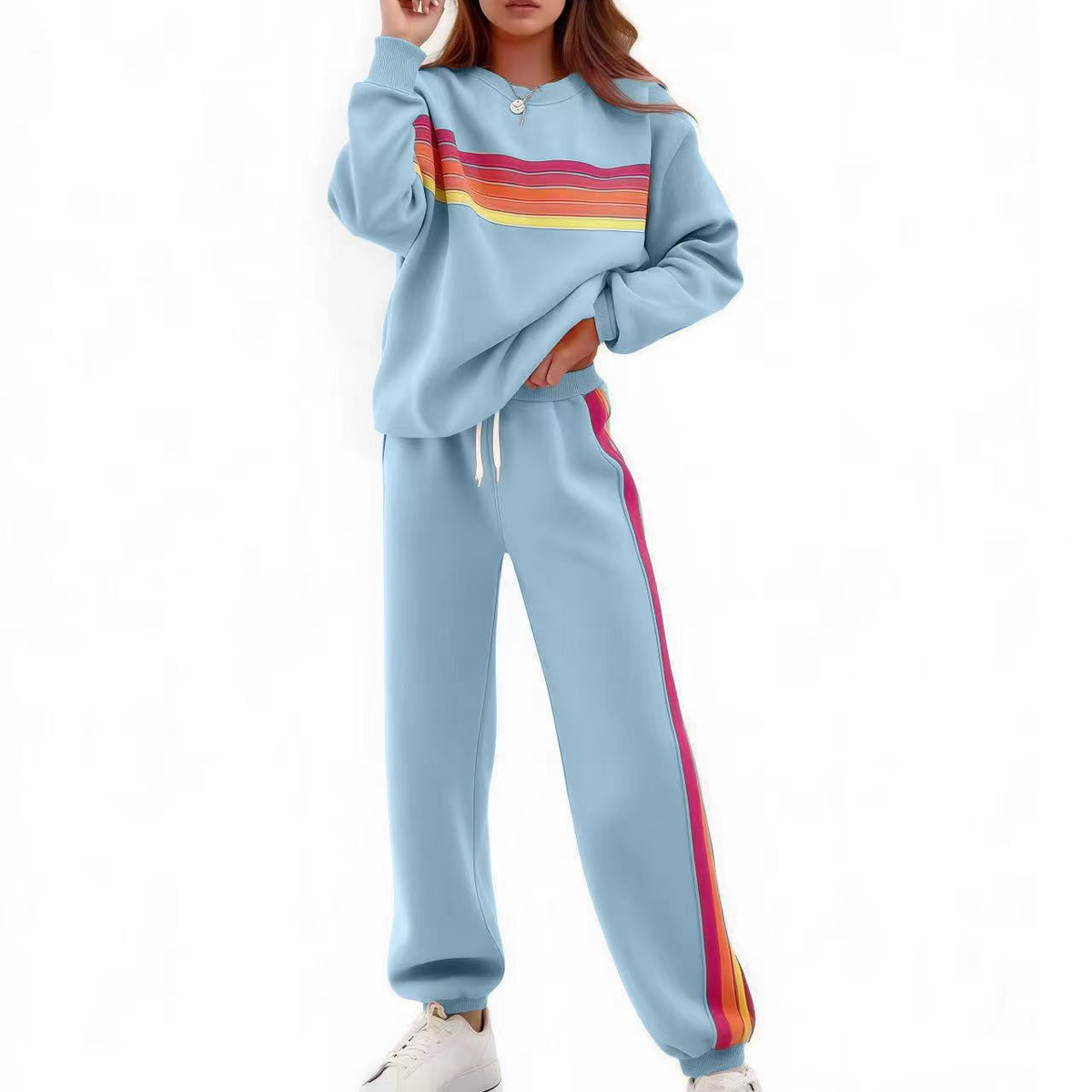 Rainbow Stripe Relaxed Fit Two-Piece Set in Blue
