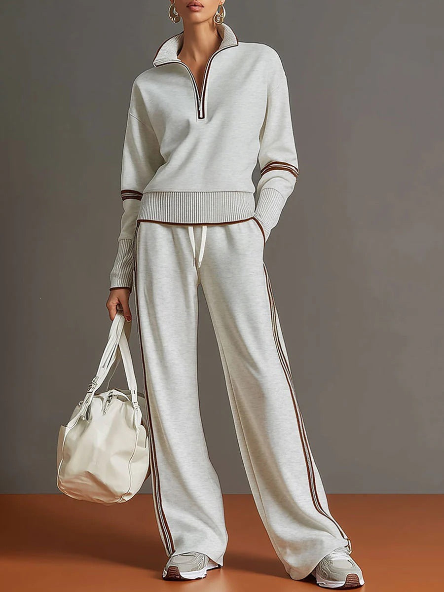 Women’s Contrast-Trim Half-Zip Wide-Leg Set in White