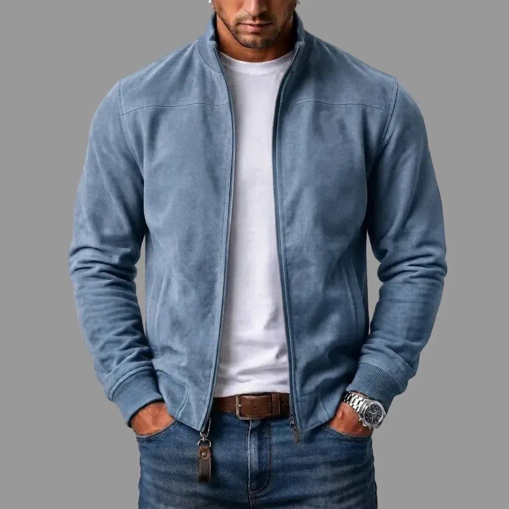Men's light blue suede bomber jacket with clean yoke seam