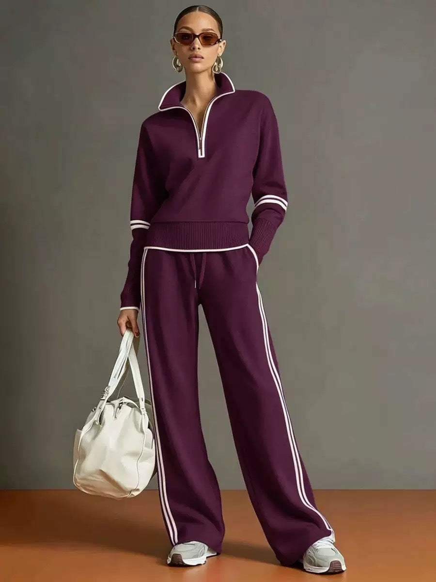 Women’s Contrast-Trim Half-Zip Wide-Leg Set in Purple