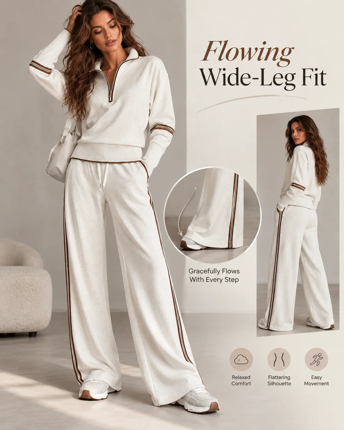 Women’s Contrast-Trim Half-Zip Wide-Leg Set — Flowing wide-leg fit