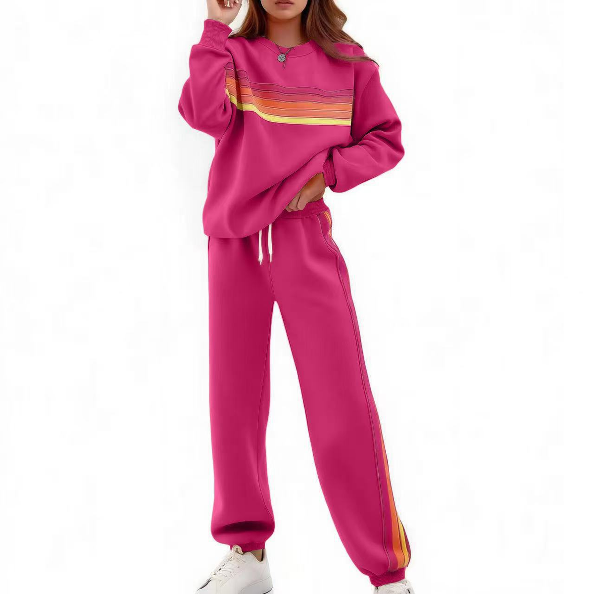 Rainbow Stripe Relaxed Fit Two-Piece Set in Rose Red