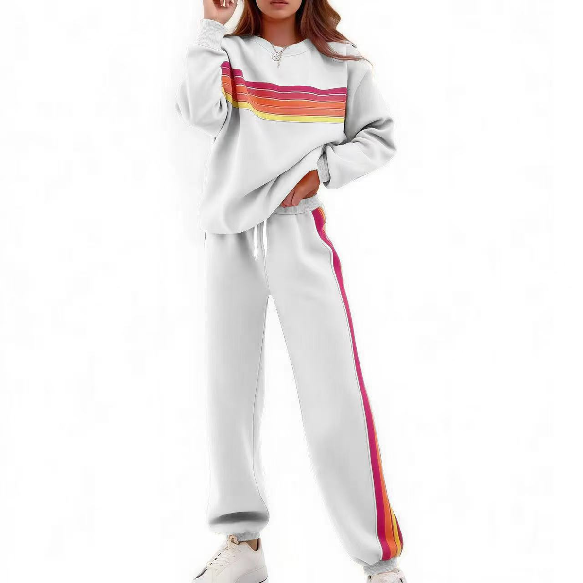 Rainbow Stripe Relaxed Fit Two-Piece Set in White