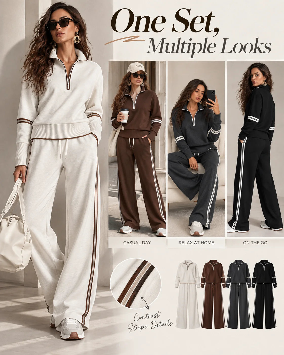 Women’s Contrast-Trim Half-Zip Wide-Leg Set — Mix-and-match styling
