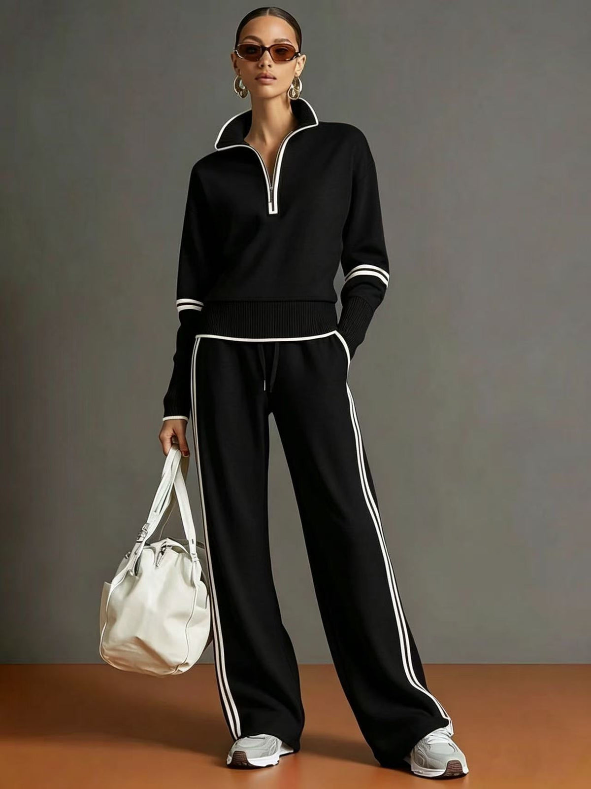 Women’s Contrast-Trim Half-Zip Wide-Leg Set in Black