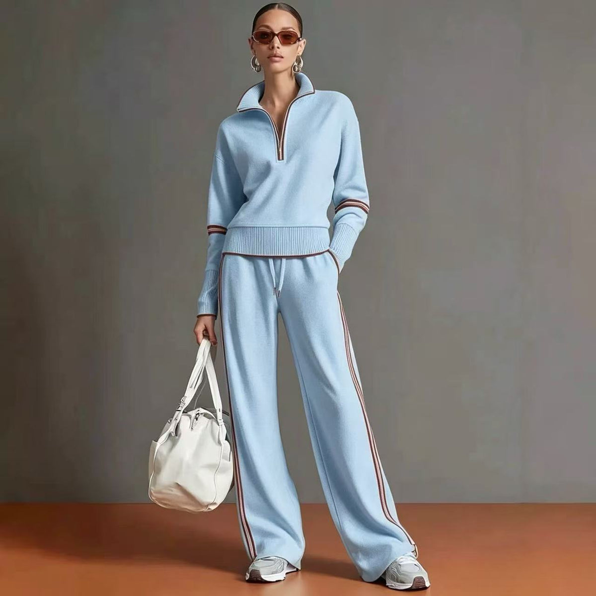 Women’s Contrast-Trim Half-Zip Wide-Leg Set in Sky Blue