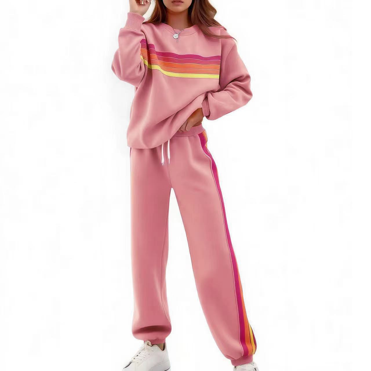 Rainbow Stripe Relaxed Fit Two-Piece Set in Pink