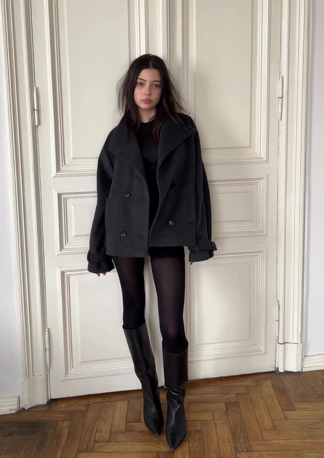 black double-breasted wool peacoat, worn