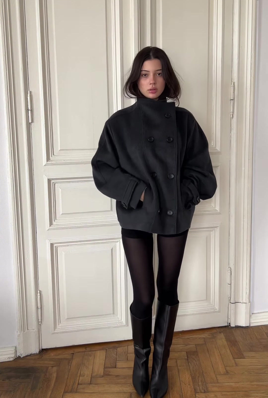 black double-breasted wool peacoat, worn