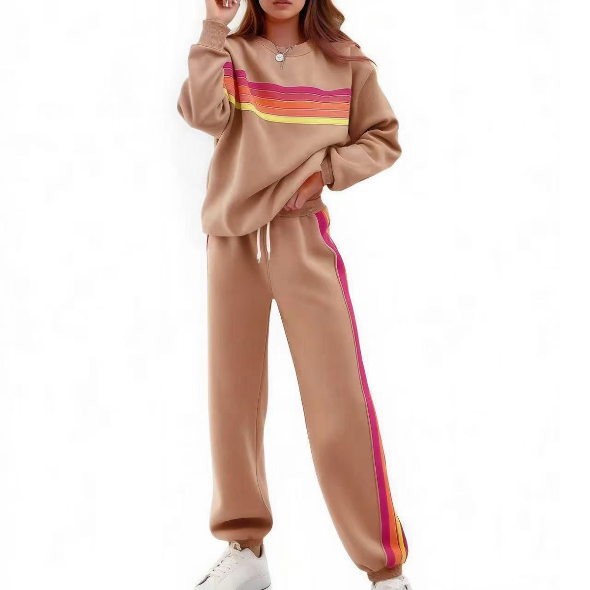Rainbow Stripe Relaxed Fit Two-Piece Set in Brown
