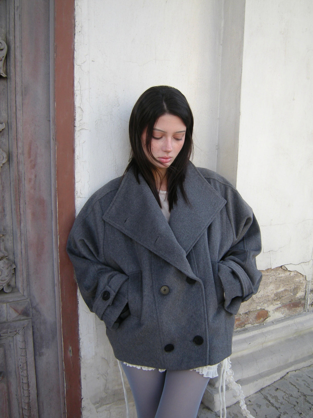 grey double-breasted wool peacoat, worn