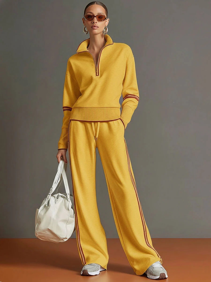 Women’s Contrast-Trim Half-Zip Wide-Leg Set in Yellow