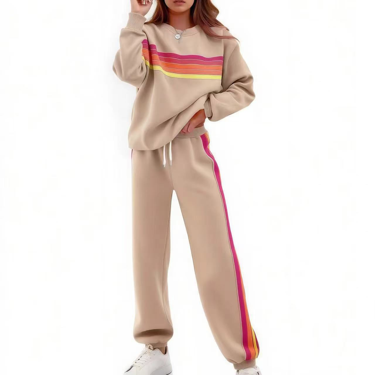 Rainbow Stripe Relaxed Fit Two-Piece Set in Khaki