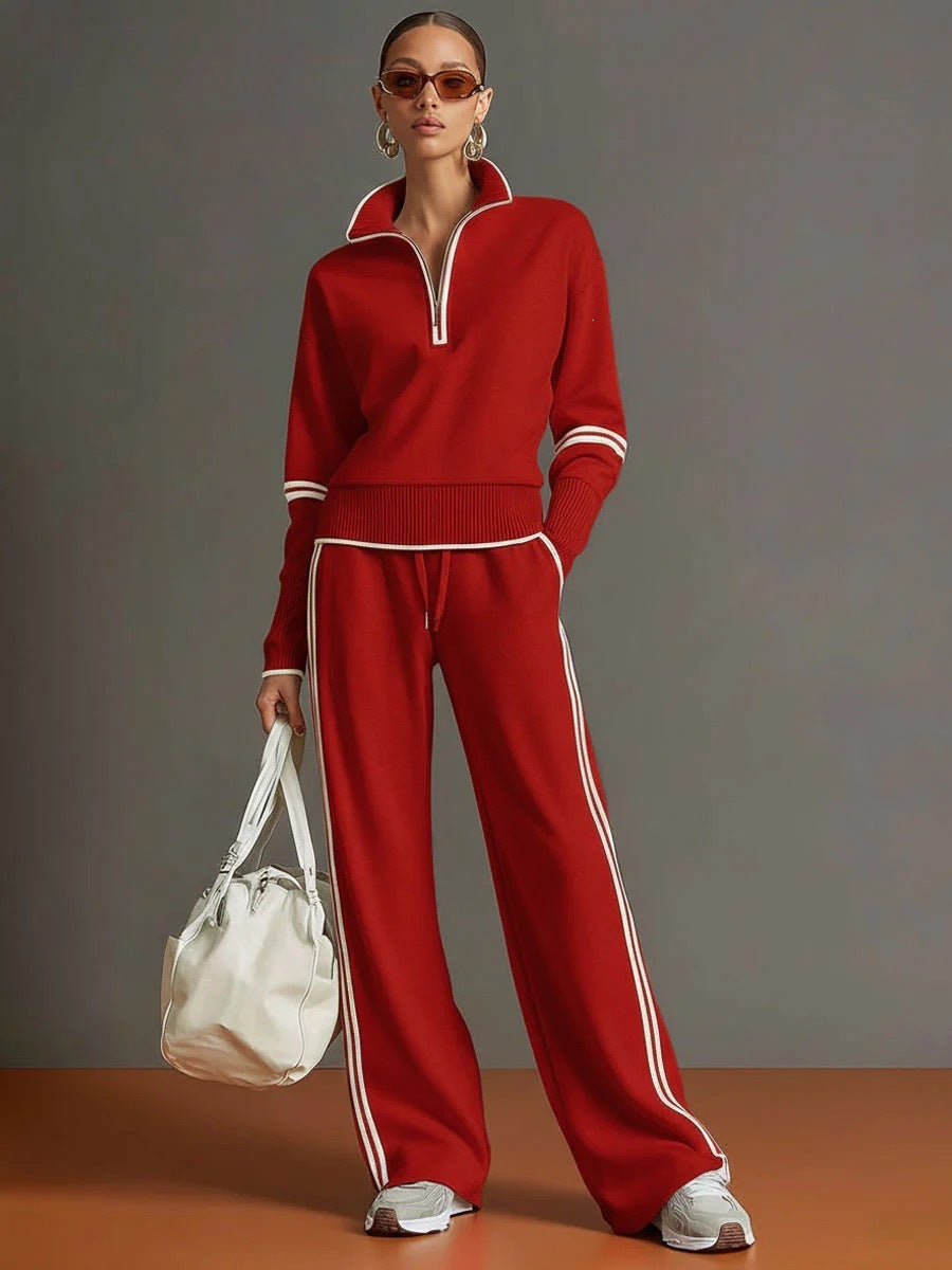 Women’s Contrast-Trim Half-Zip Wide-Leg Set in Red
