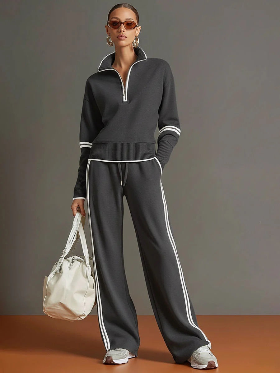 Women’s Contrast-Trim Half-Zip Wide-Leg Set in Grey