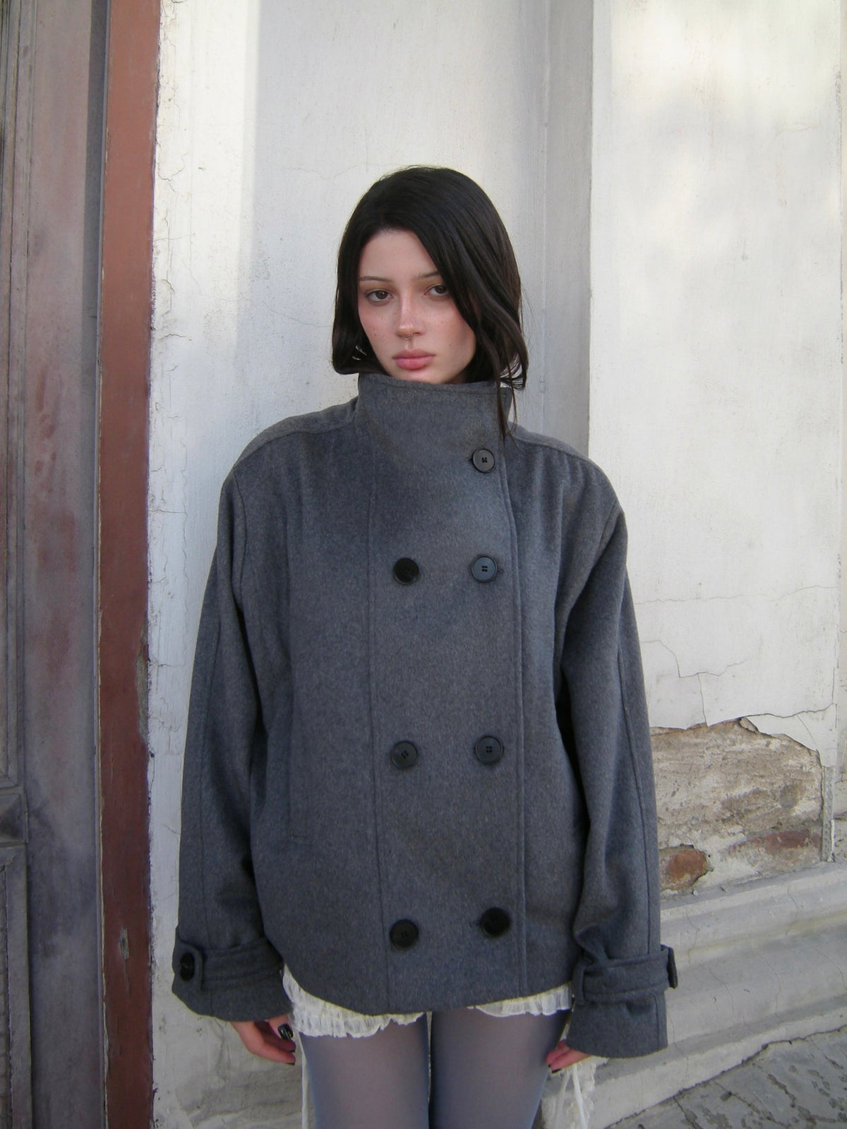 grey double-breasted wool peacoat, worn
