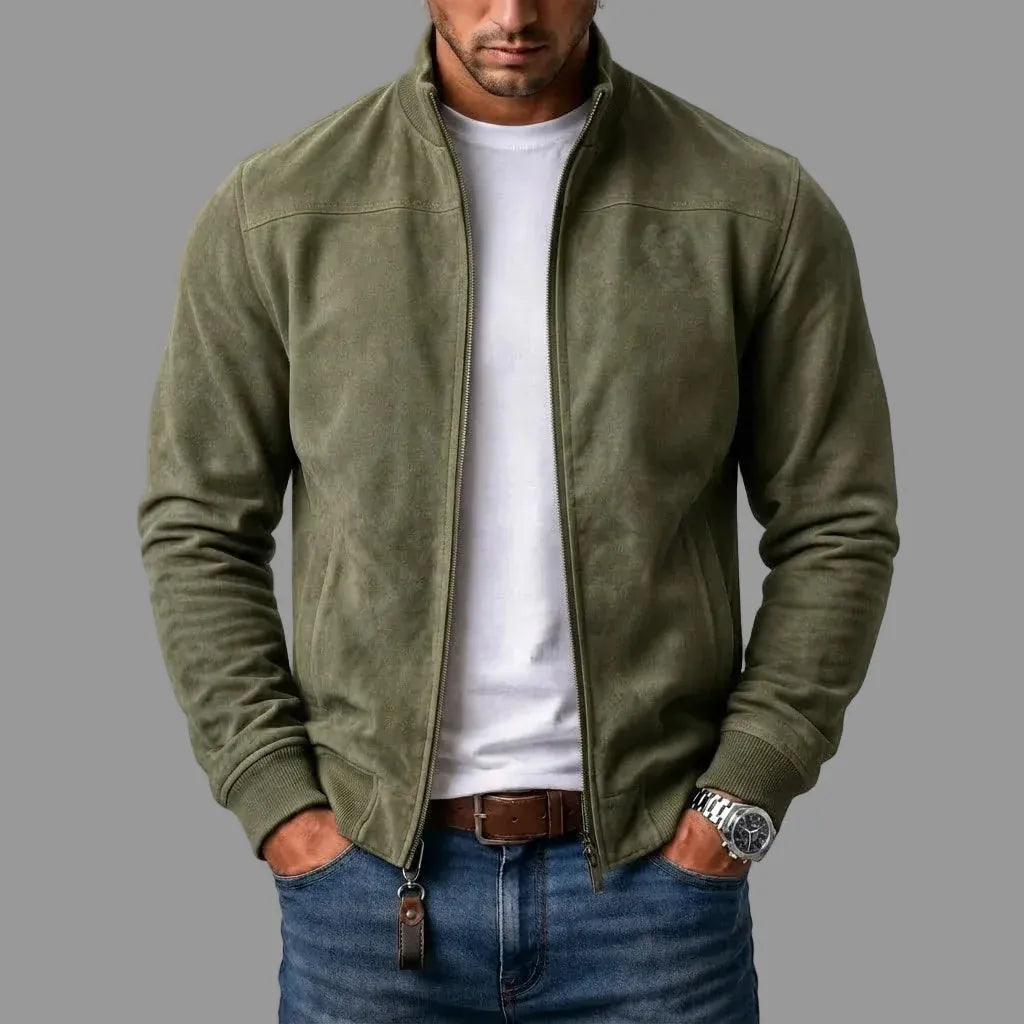 Men's olive green suede bomber jacket worn over a white T-shirt