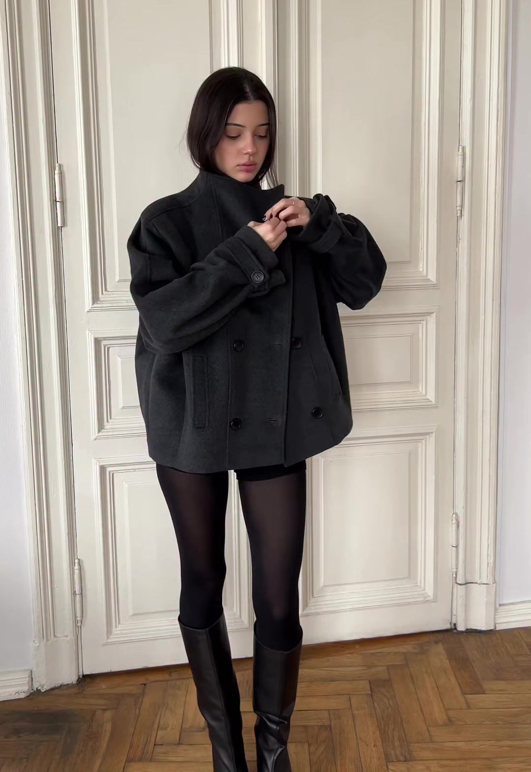 black double-breasted wool peacoat, worn