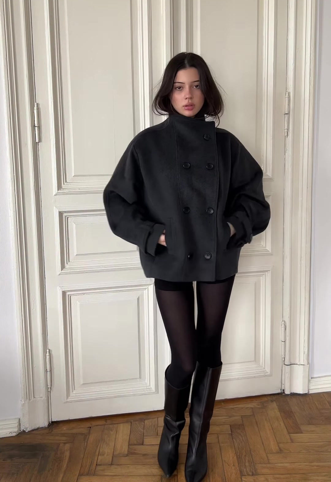 black double-breasted wool peacoat, worn