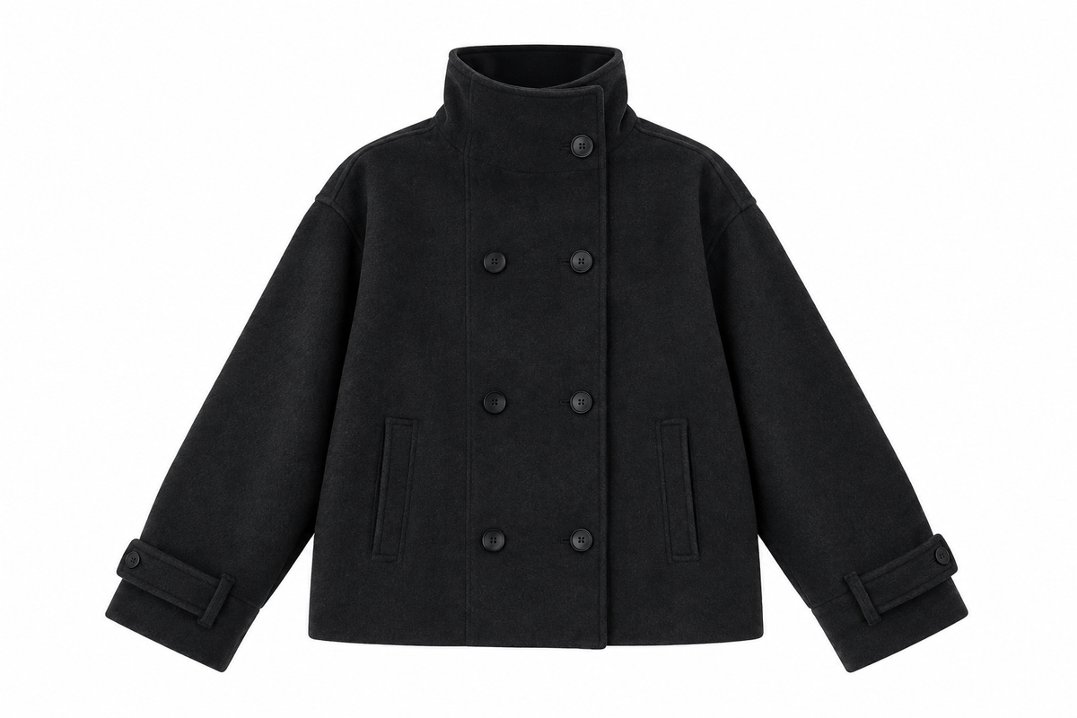 Black double-breasted wool peacoat, front