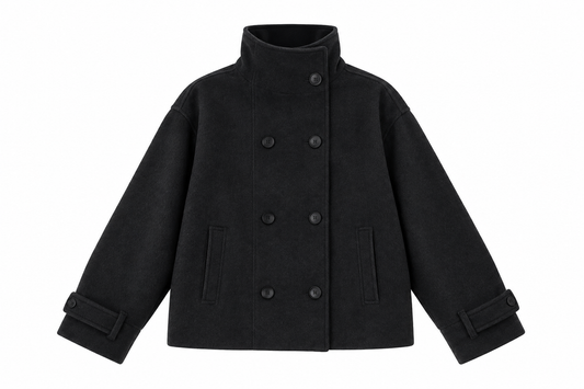 Black double-breasted wool peacoat, front