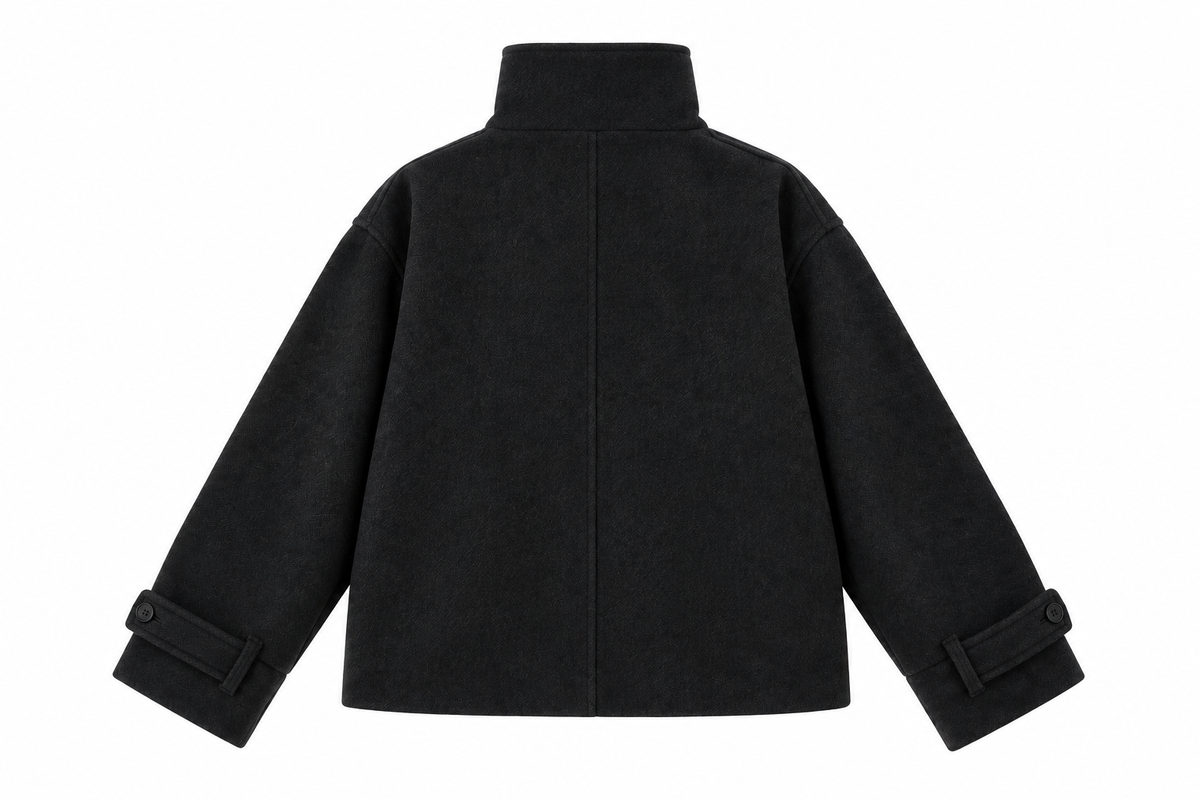 black double-breasted wool peacoat, back