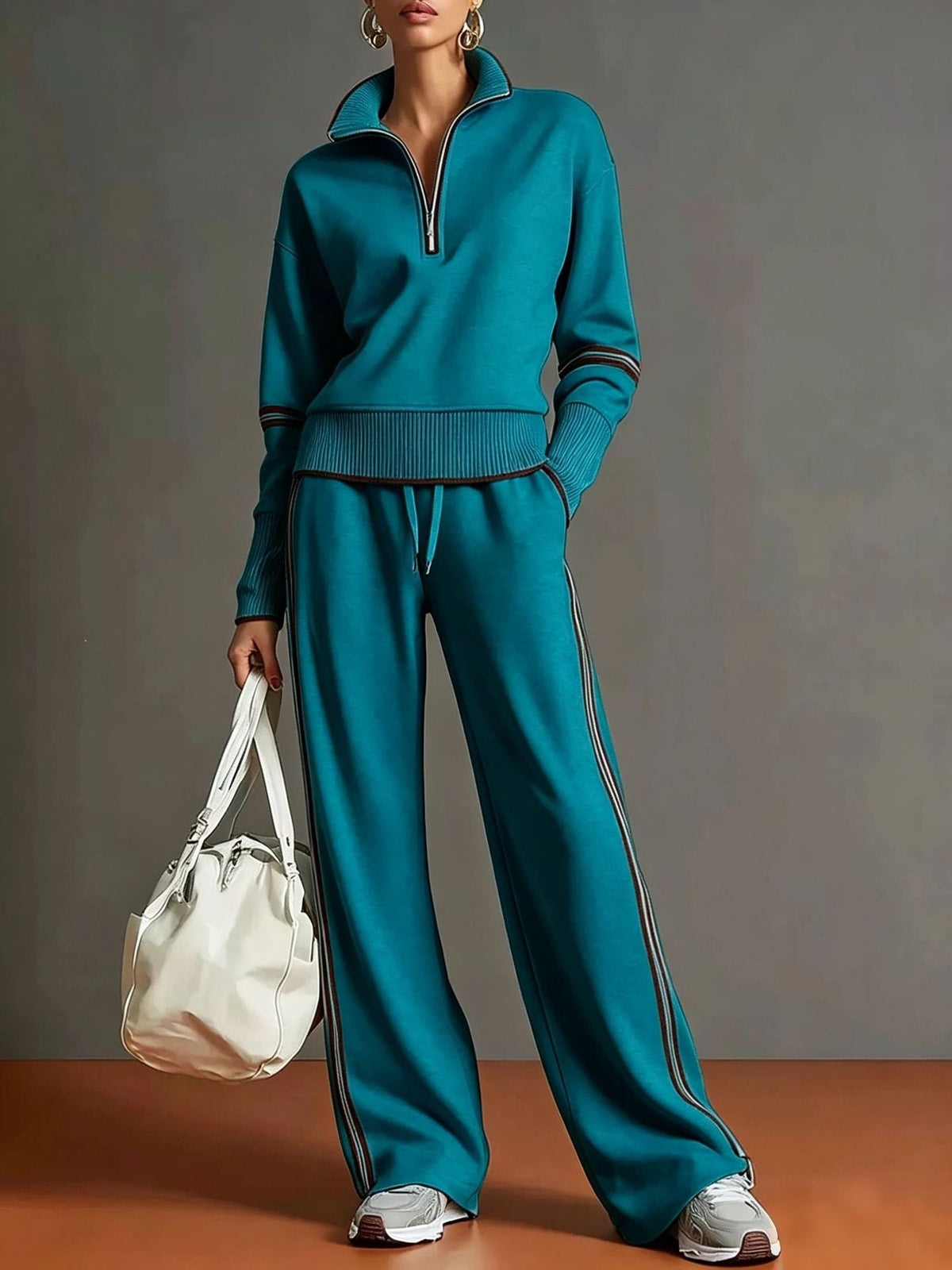 Women’s Contrast-Trim Half-Zip Wide-Leg Set in Peacock Blue