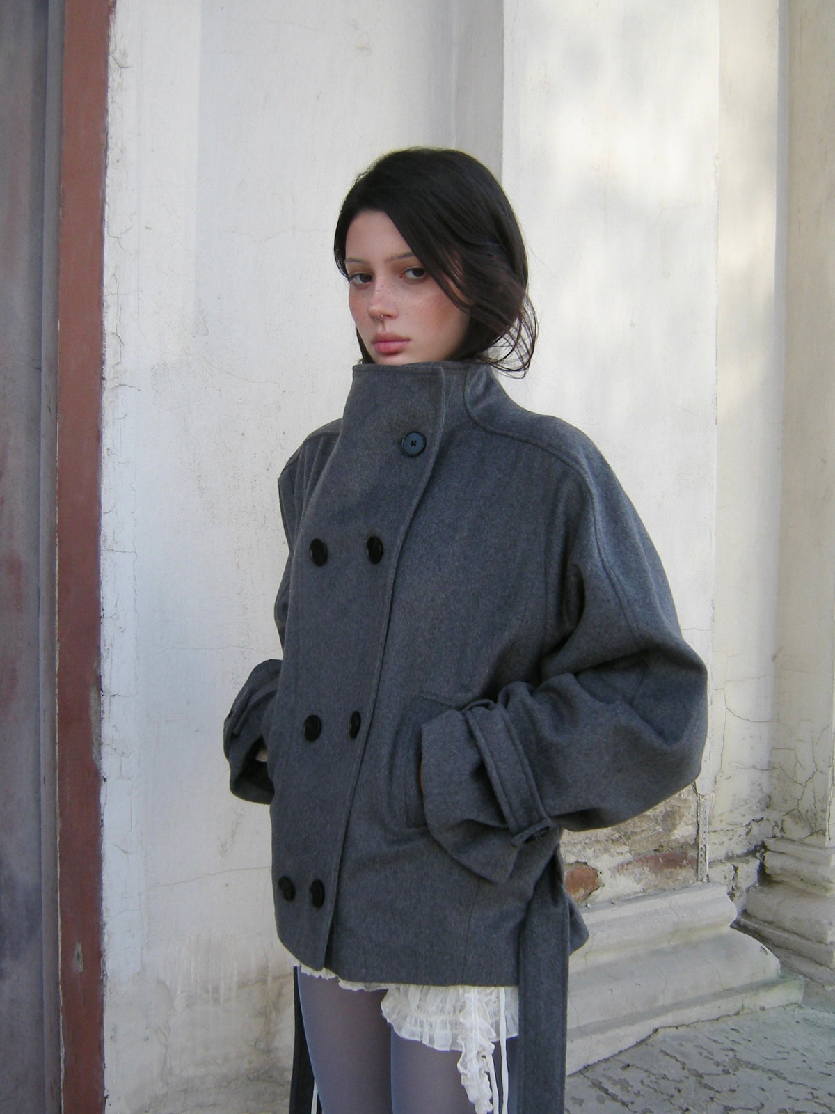 grey double-breasted wool peacoat, worn