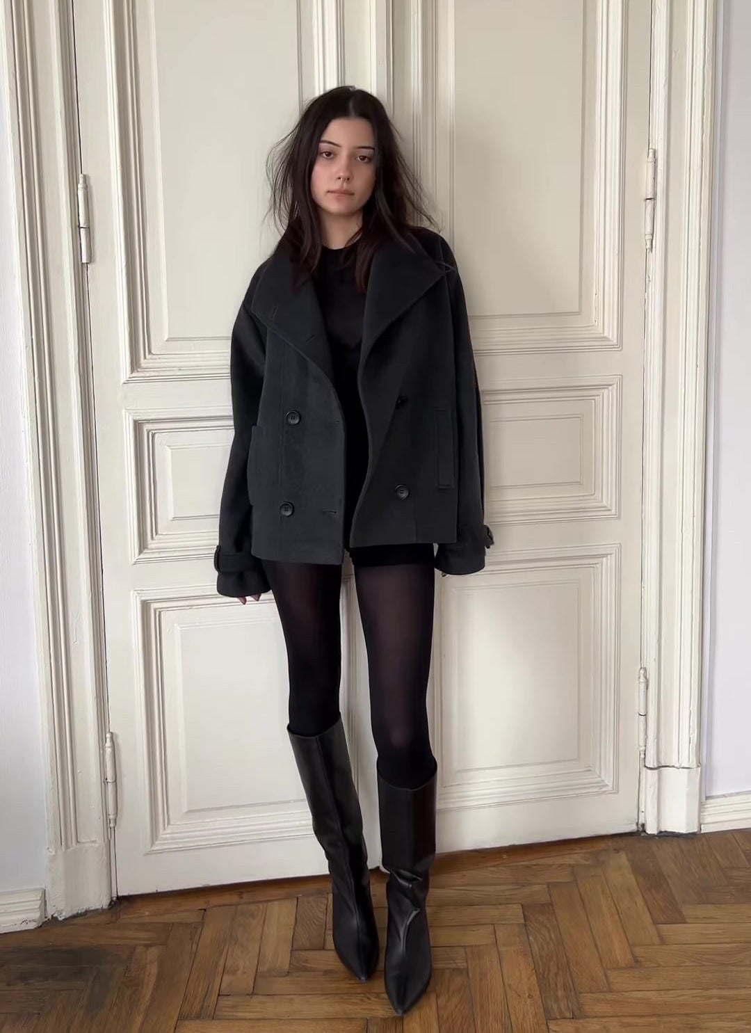 black double-breasted wool peacoat, worn