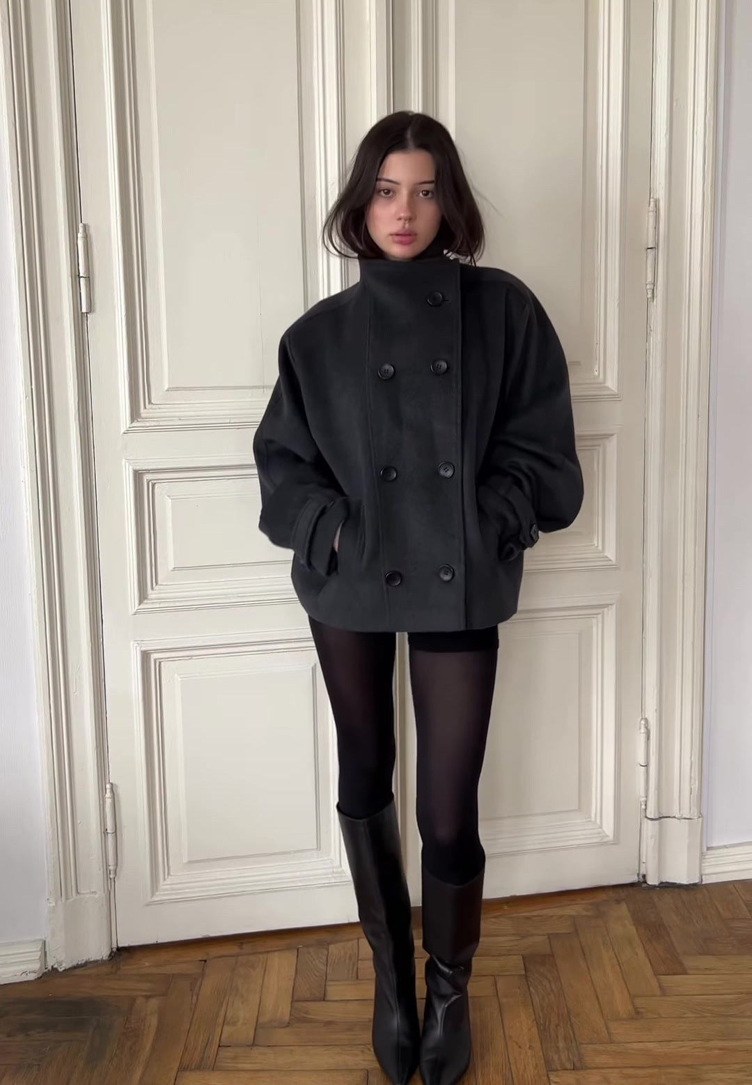 black double-breasted wool peacoat, worn