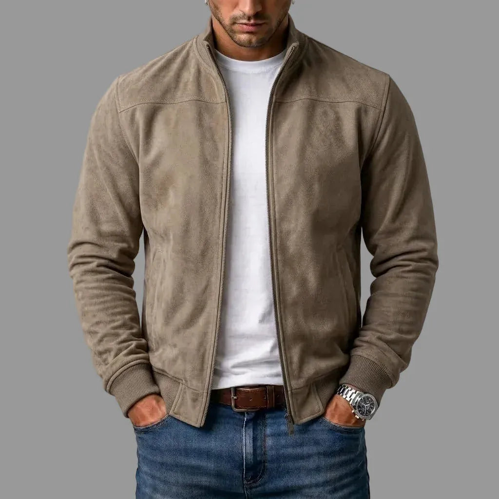 Men's khaki suede bomber jacket with ribbed cuffs and hem