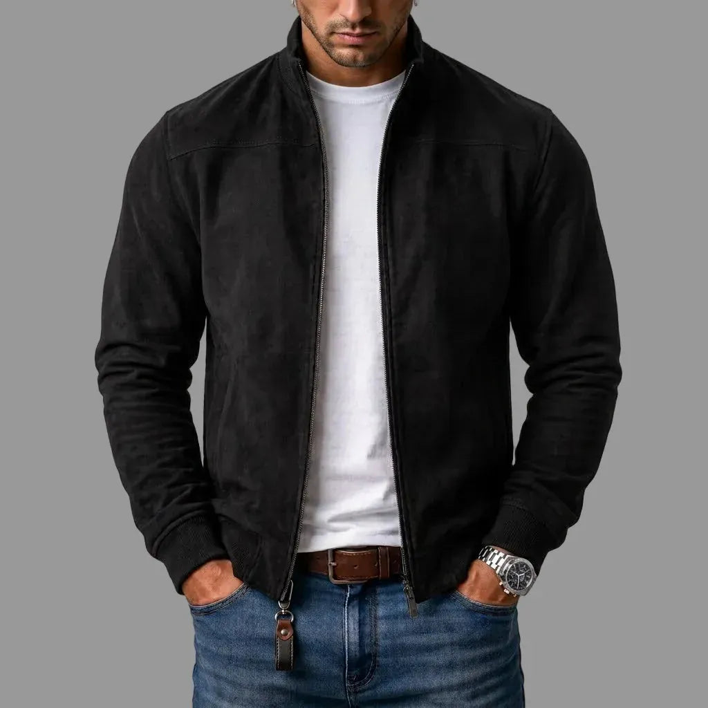 Men's black suede bomber jacket with stand collar and zip front