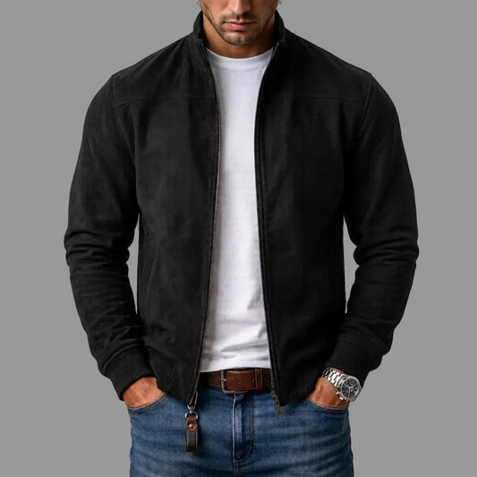 Men's black suede bomber jacket with stand collar and zip front