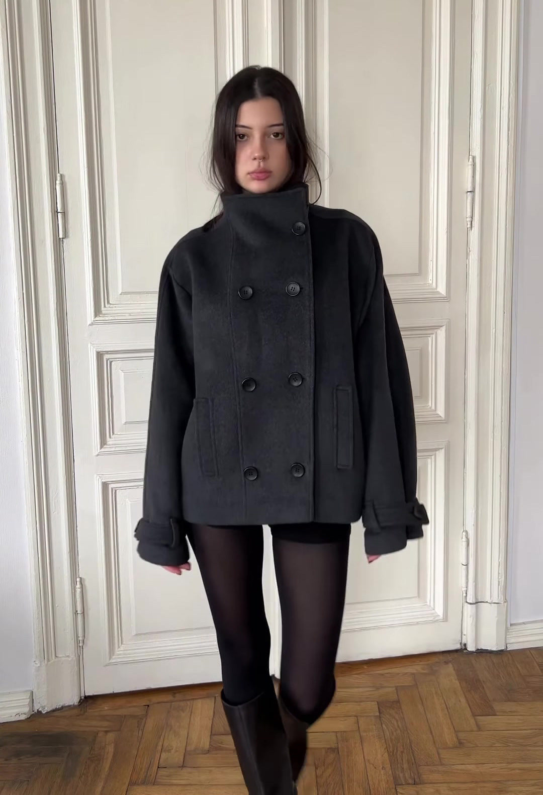 black double-breasted wool peacoat, worn