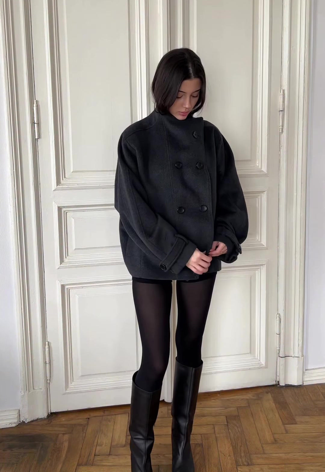 black double-breasted wool peacoat, worn