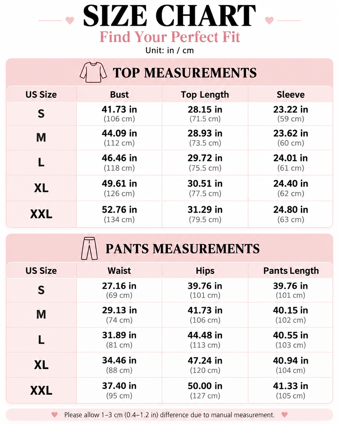 Top and pants size chart, S to XXL, inches and centimeters