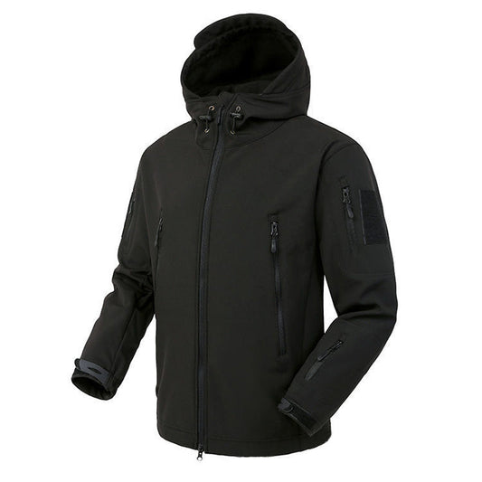 Black men's outdoor waterproof warm jacket, front view