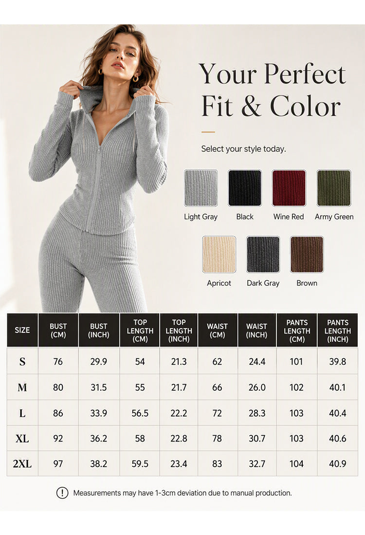 Size chart for the jacket and flare pants, S to 2XL, cm and inches