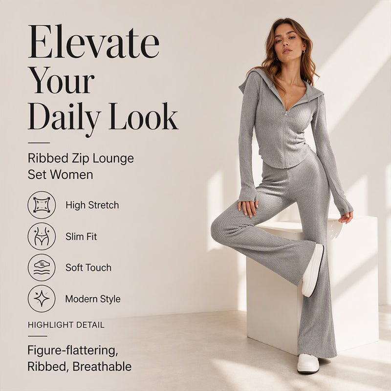 Ribbed hooded jacket and flare pants set, original product view 3