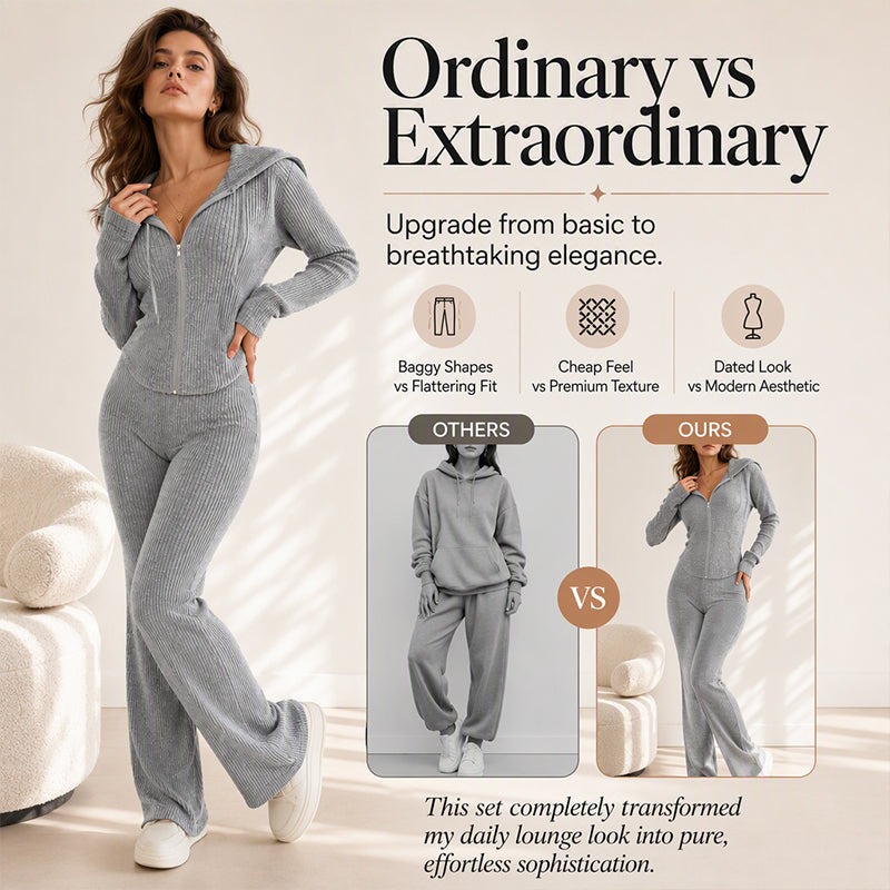Ribbed hooded jacket and flare pants set, original product view 5