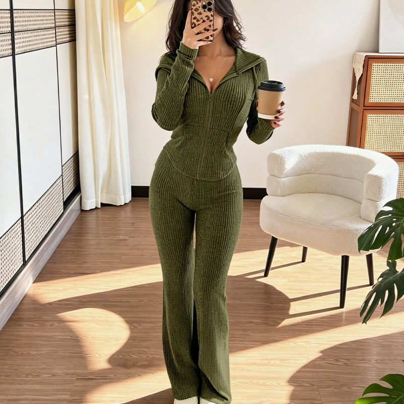 Ribbed hooded jacket and flare pants set in Army Green