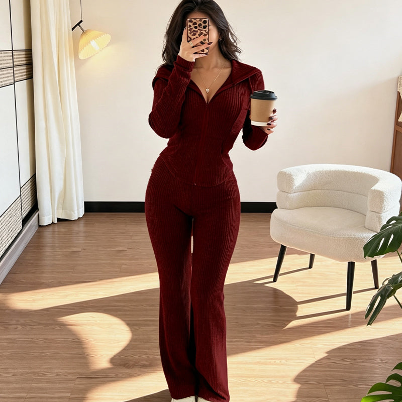 Ribbed hooded jacket and flare pants set in Burgundy