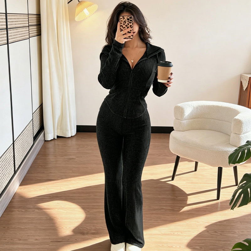 Ribbed hooded jacket and flare pants set in Black